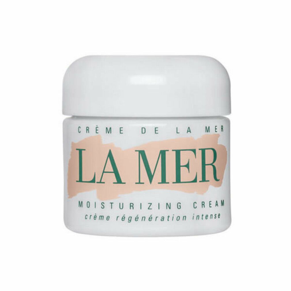 Vasetto di crema bianco con coperchio. Scritta: Crème de la Mer, LA MER, moisturizing cream, crème régénération intense.