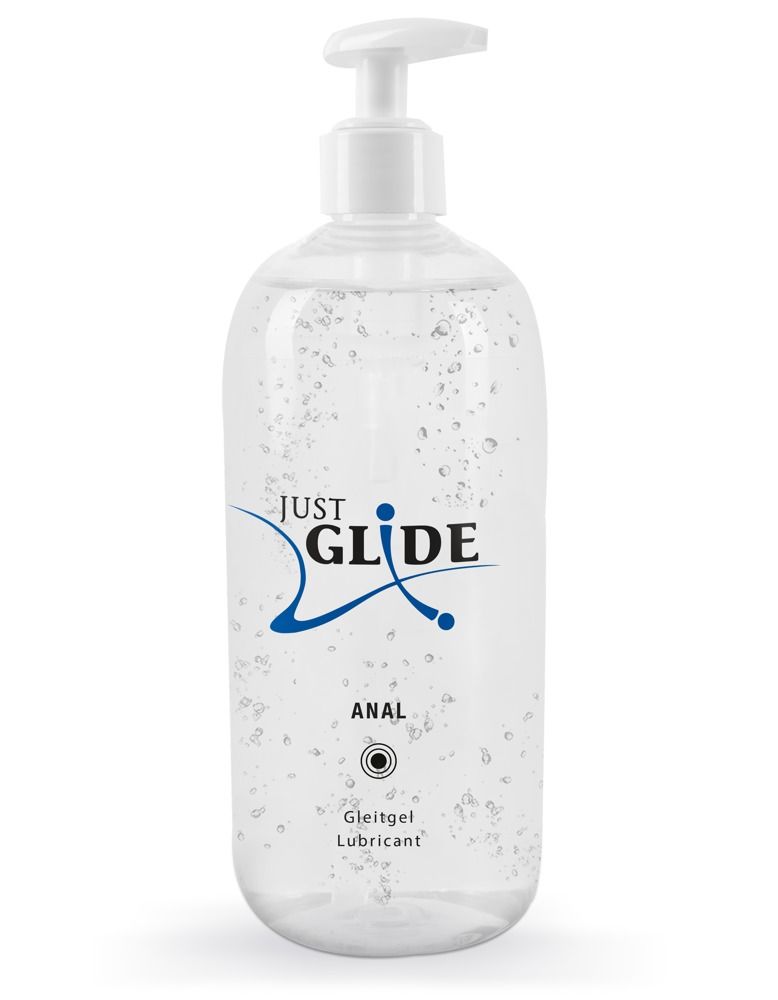 Flacone trasparente con dosatore. Scritta: JUST GLIDE ANAL. Lubrificante medico.