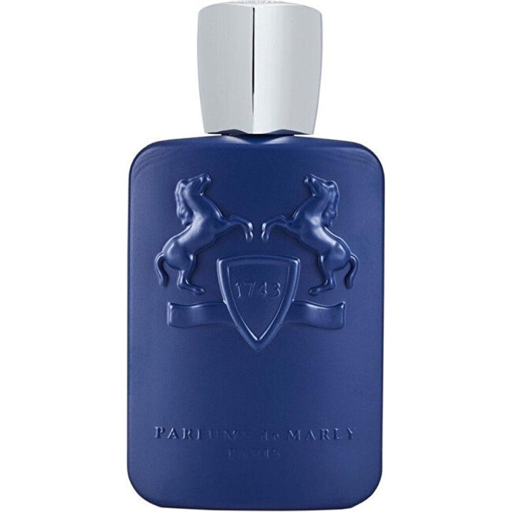 Flacone di profumo blu con tappo argentato. Stemma in rilievo sul flacone. Forma quadrata.