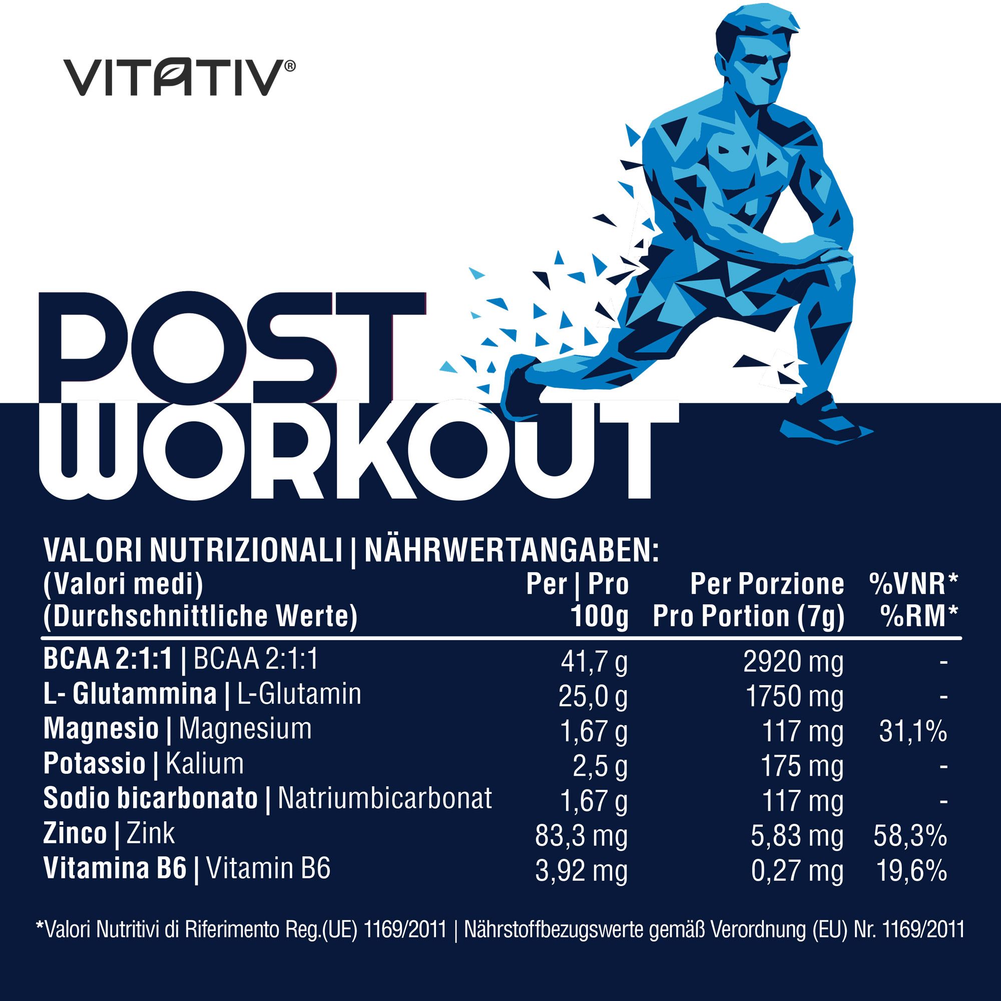 VITATIV® Post Workout Uomo in Polvere con BCAA 2:1:1, Glutammina, Minerali e Vitamine - 170 g