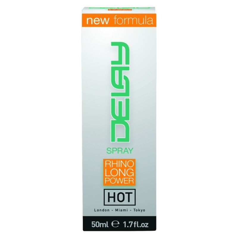 Confezione e flacone DELAY SPRAY, 50ml, con scritte 'new formula', 'RHINO LONG POWER', 'HOT'.