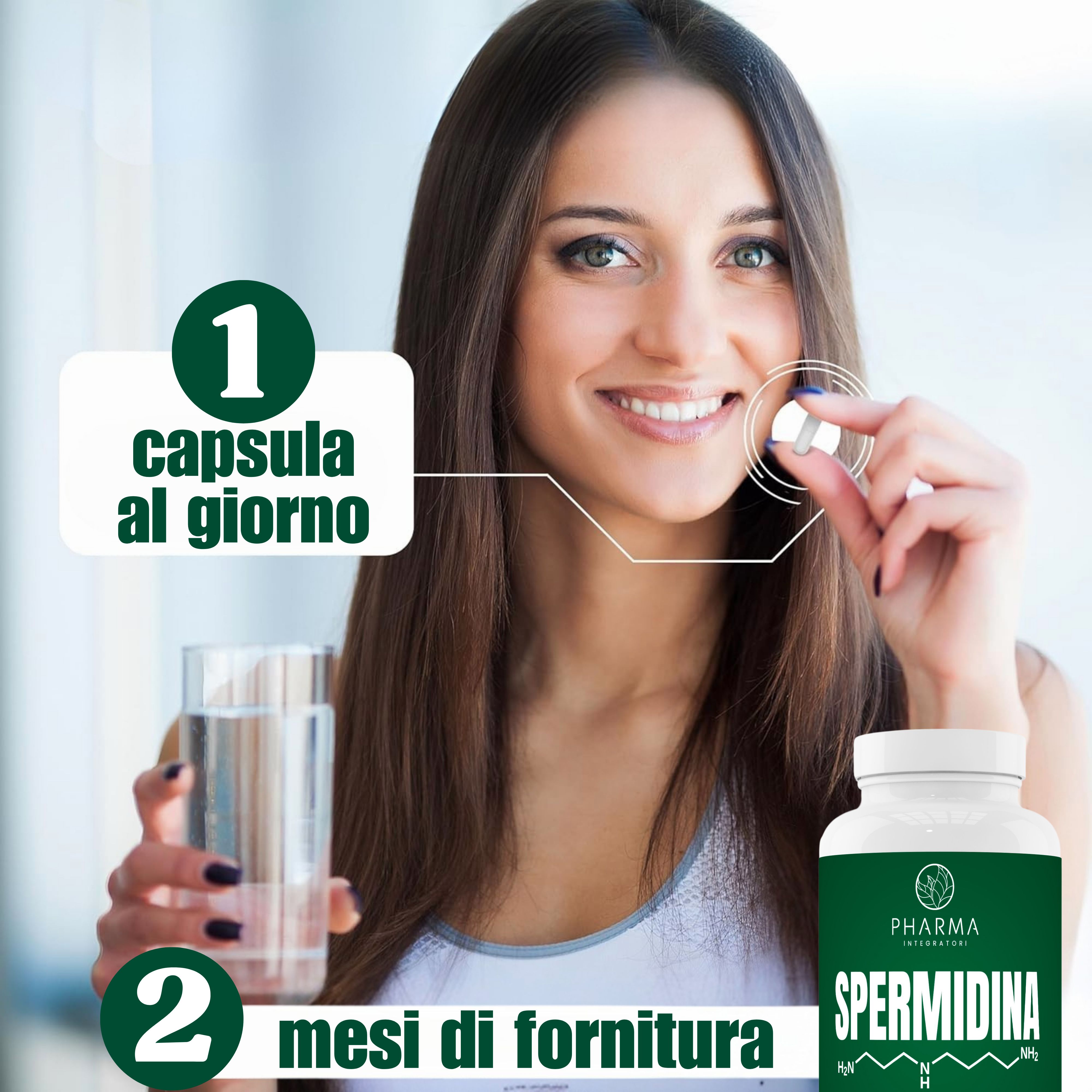 Donna assume una capsula Pharma Integratori Spermidina. Raccomandazione: 1 capsula al giorno, 2 mesi di fornitura.