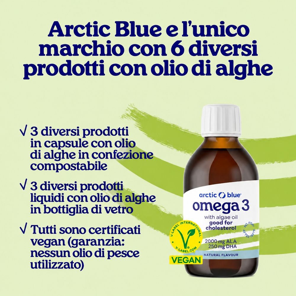 Flacone di olio di alghe Arctic Blue Omega 3 accanto a una ciotola di yogurt con frutti di bosco e muesli.