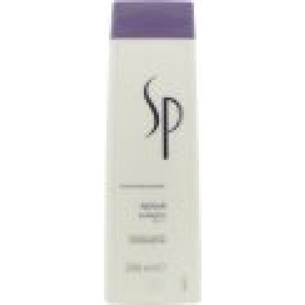 Shampoo bianco con tappo viola. Scritta SP, Repair Shampoo.