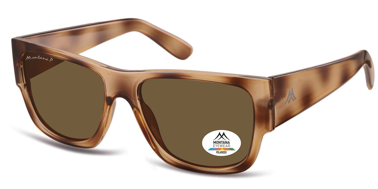 Occhiali da sole marroni con lenti rettangolari. Logo Montana Eyewear sull'asta e sulla lente. Polarizzati.