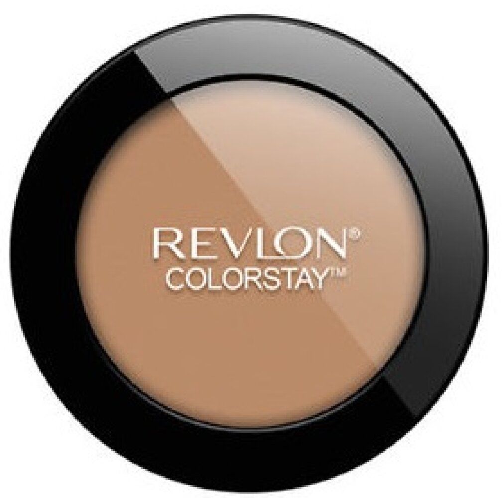 Cipria compatta Revlon Colorstay rotonda. Contenitore nero con due tonalità. Marchio e nome visibili.
