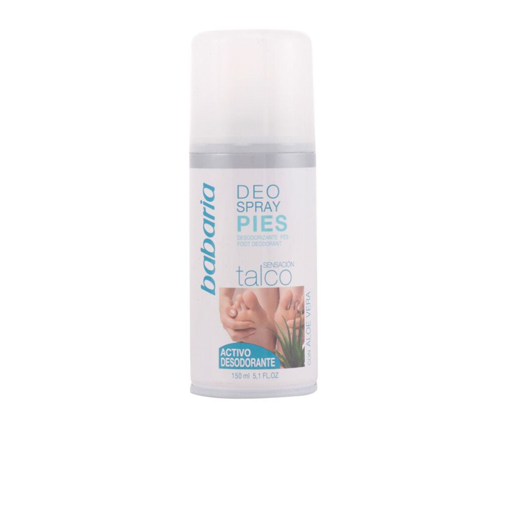 Spray deodorante per piedi Babaria bianco. Scritta: Deo Spray Pies, Talco, Activo Desodorante. Immagine di piedi e aloe vera. Con tappo bianco.