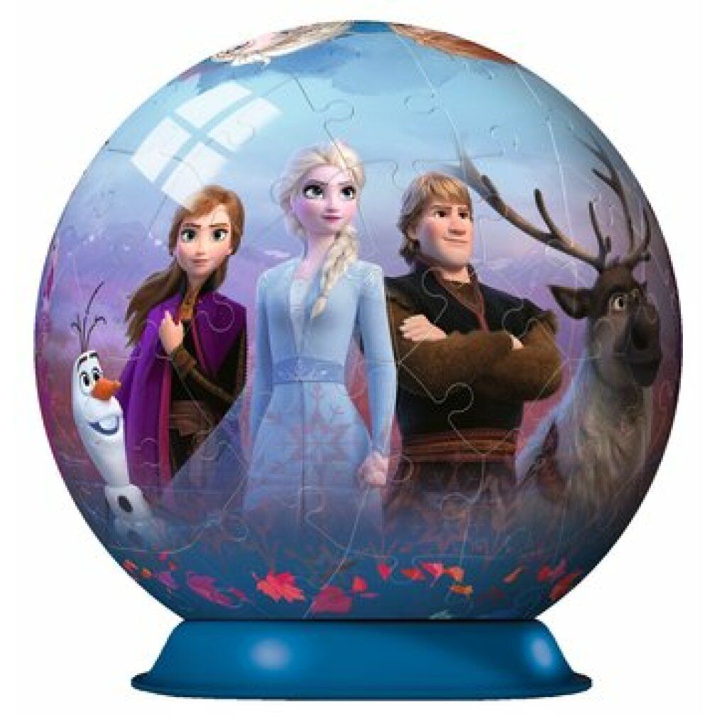Puzzle 3D con Elsa, Anna, Kristoff, Olaf e Sven. Base blu. Puzzle da 72 pezzi.