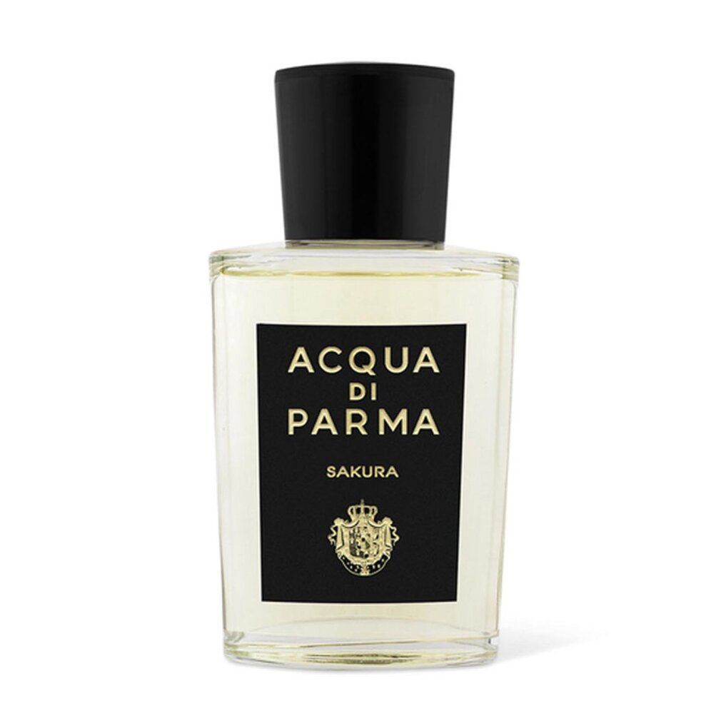 Flacone con tappo nero. Scritta: ACQUA DI PARMA SAKURA. Logo. Liquido trasparente.