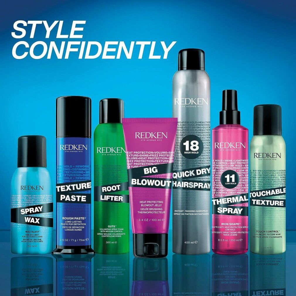 Gamma di prodotti Redken. Include Spray Wax, Texture Paste, Root Lifter, Big Blowout, Quick Dry Hairspray, Thermal Spray, Touchable Texture.