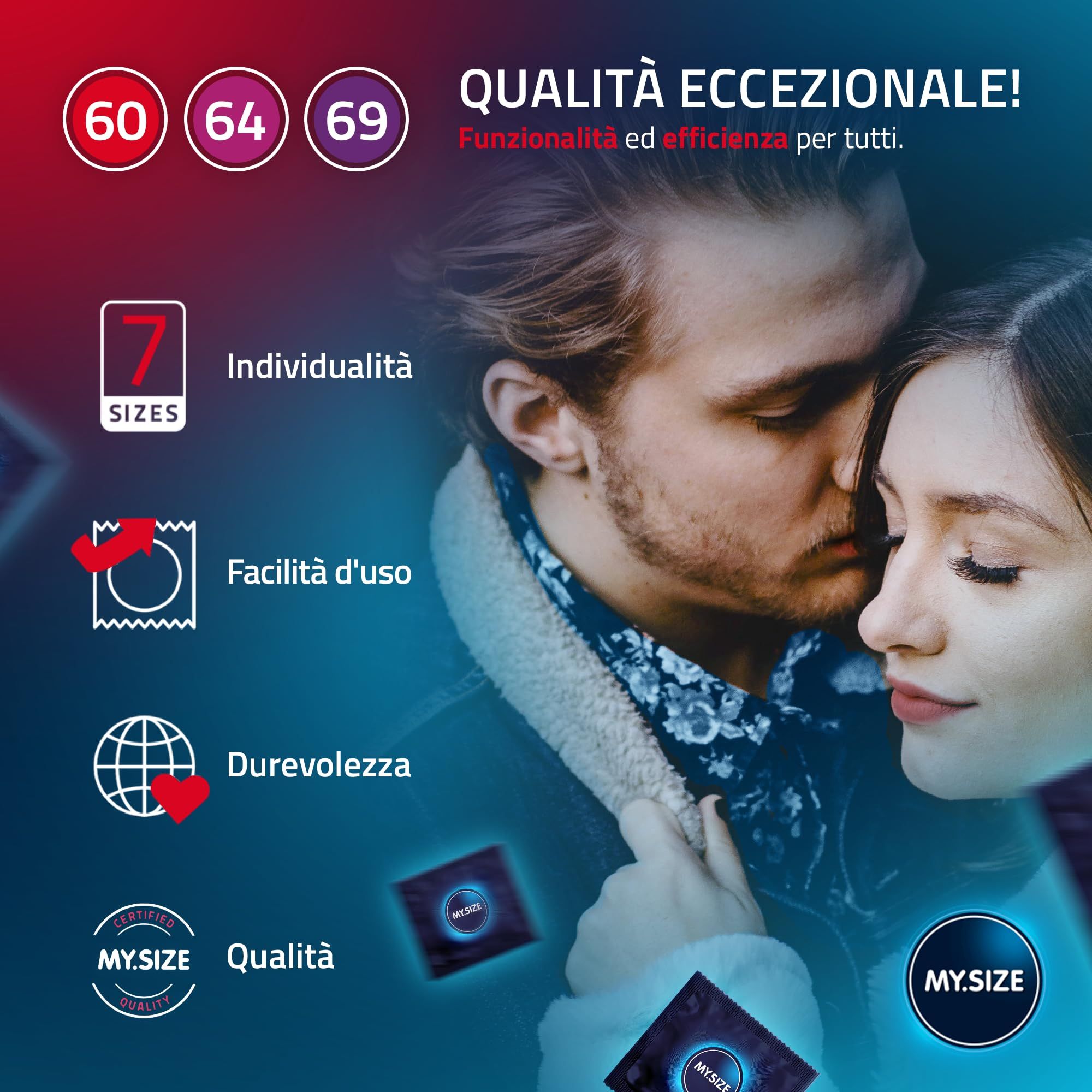 Coppia che si abbraccia, con confezioni e preservativi MY.SIZE Classic sullo sfondo.