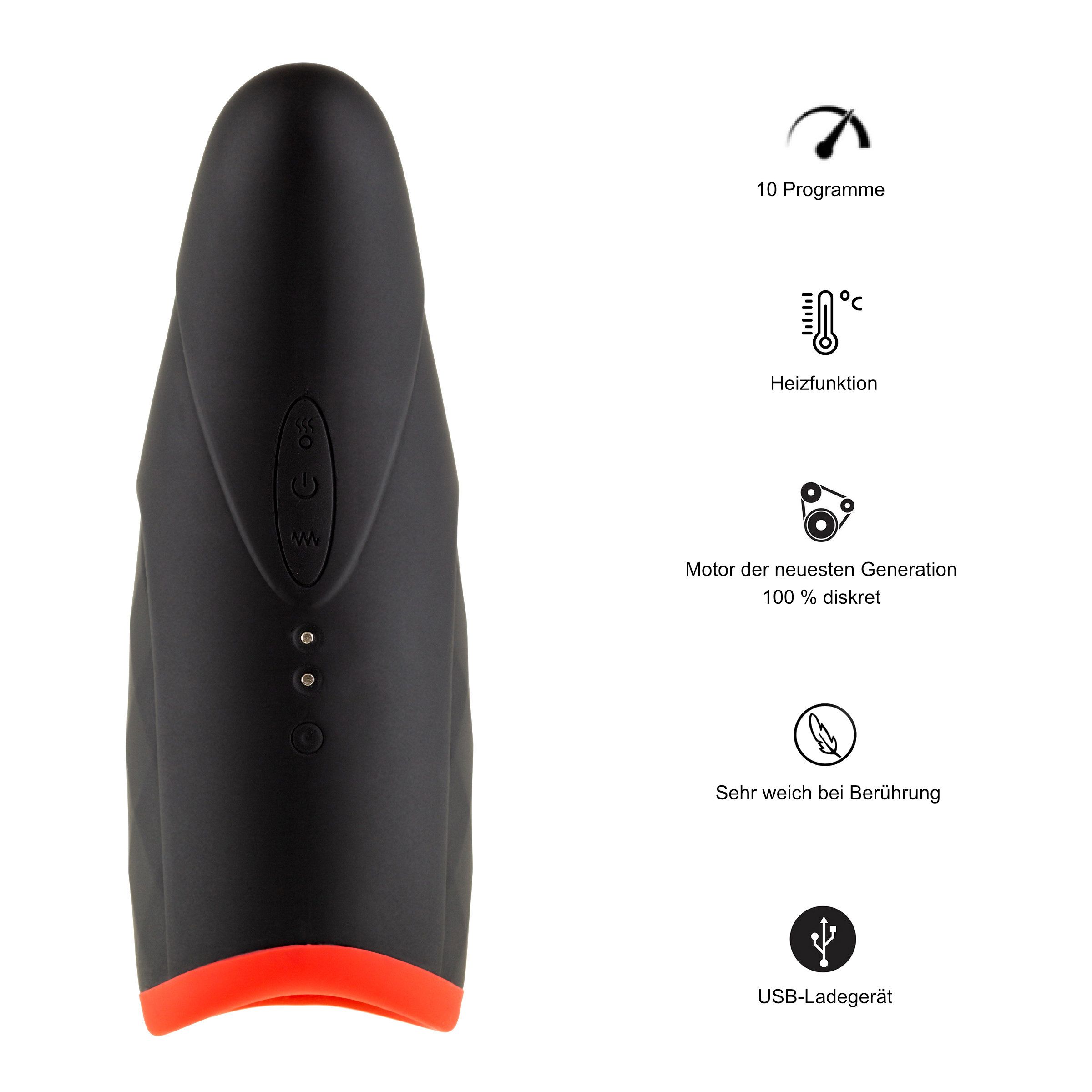 Vibratore nero con accenti rossi, 10 programmi, funzione riscaldante, cavo di ricarica USB.