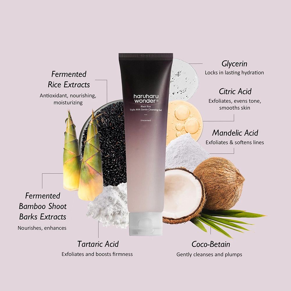 Tubo e ingredienti: riso, bambù, cocco, acidi. Scritta: Haruharu Wonder Black Rice Triple AHA Gentle Cleansing Gel.