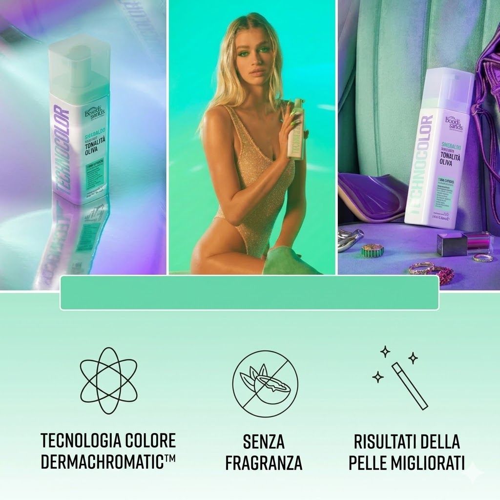 Schiuma autoabbronzante Bondi Sands. Donna con prodotto. Testo: Emerald per un tono oliva intenso. Senza profumo. Miglioramento della pelle.