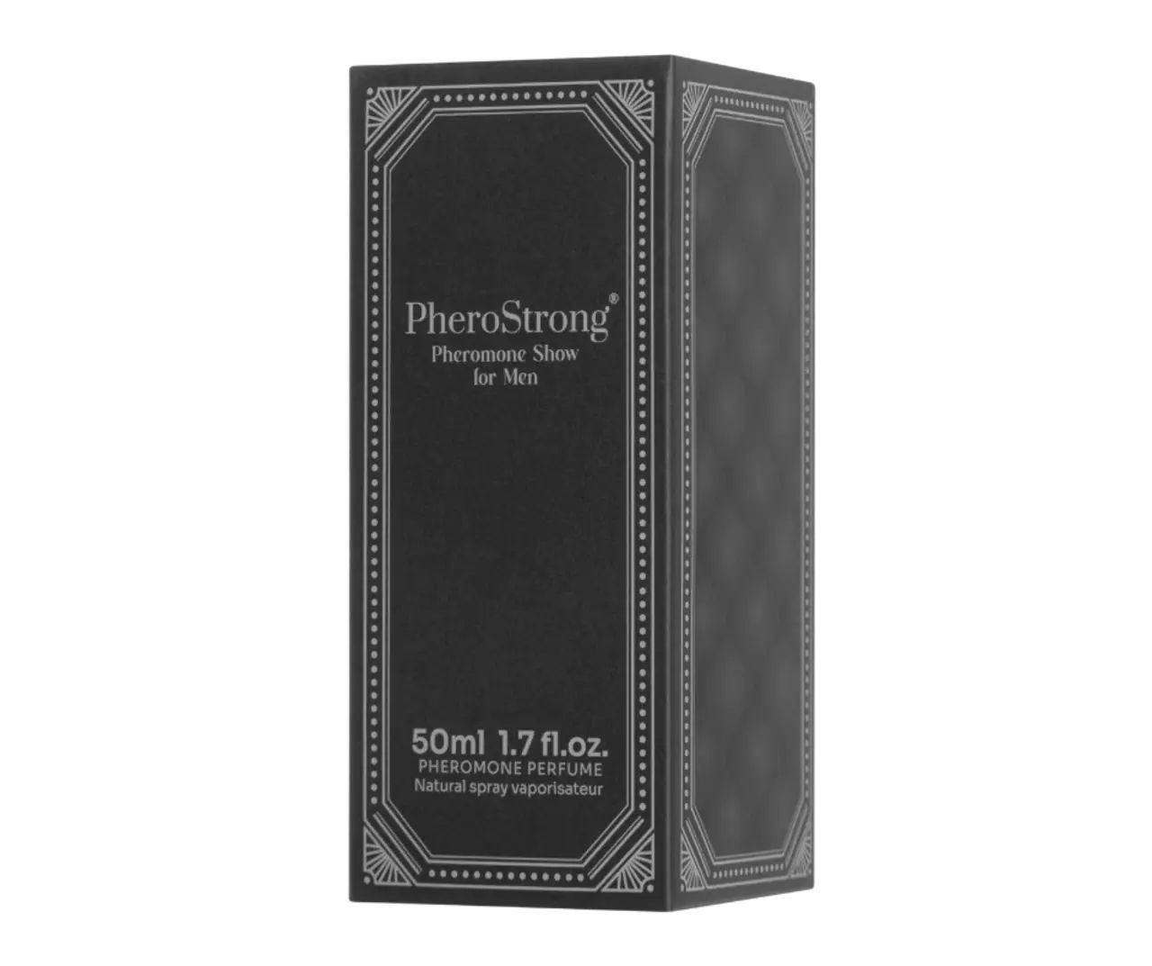 Scatola nera con decorazioni argentate. Scritta: PheroStrong Pheromone Show for Men. 50ml 1.7 fl.oz.