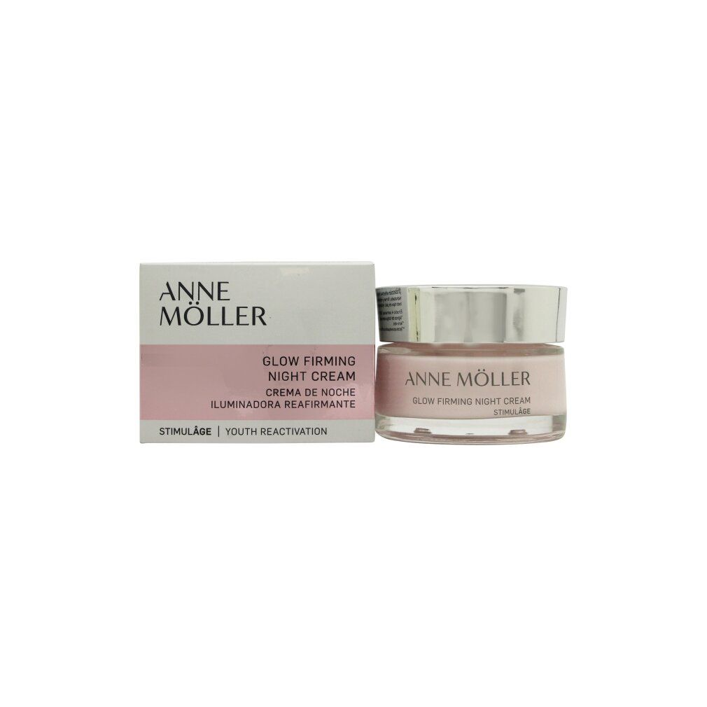 Vaso di crema e scatola. Scritta: ANNE MÖLLER, Glow Firming Night Cream, Stimulâge. Scatola con nome e logo del prodotto. Crema rosa.