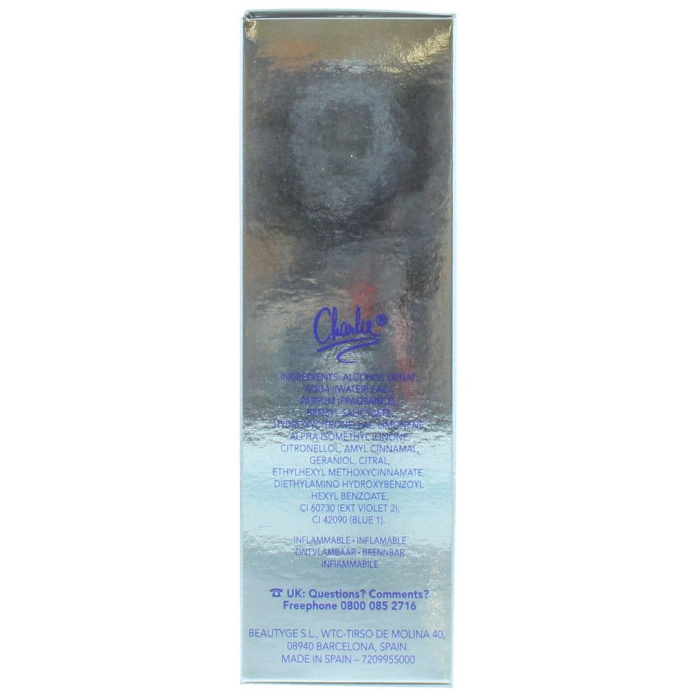 Retro scatola con ingredienti e contatti. Testo: Charlie, ingredienti, Beautyge S.L., Made in Spain.