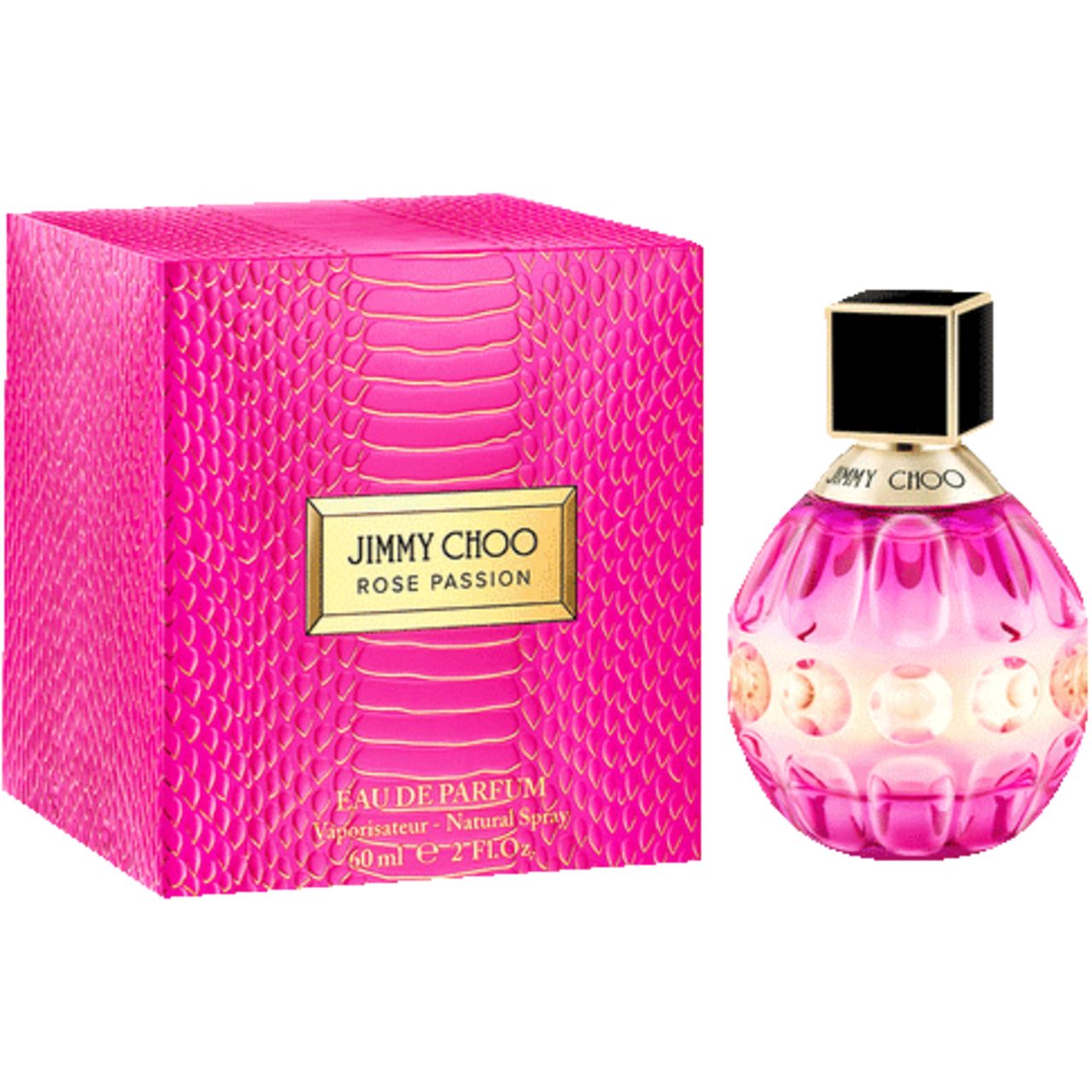 Flacone e confezione Jimmy Choo Rose Passion. Scatola rosa con motivo serpente, scritta dorata.