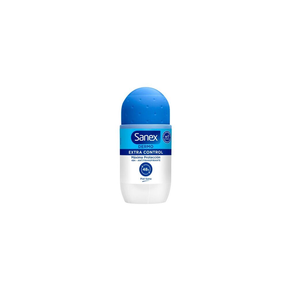 Roll-on Sanex Dermo Extra Control. Tappo blu, flacone bianco. Testo: Extra Control, pH Balance.