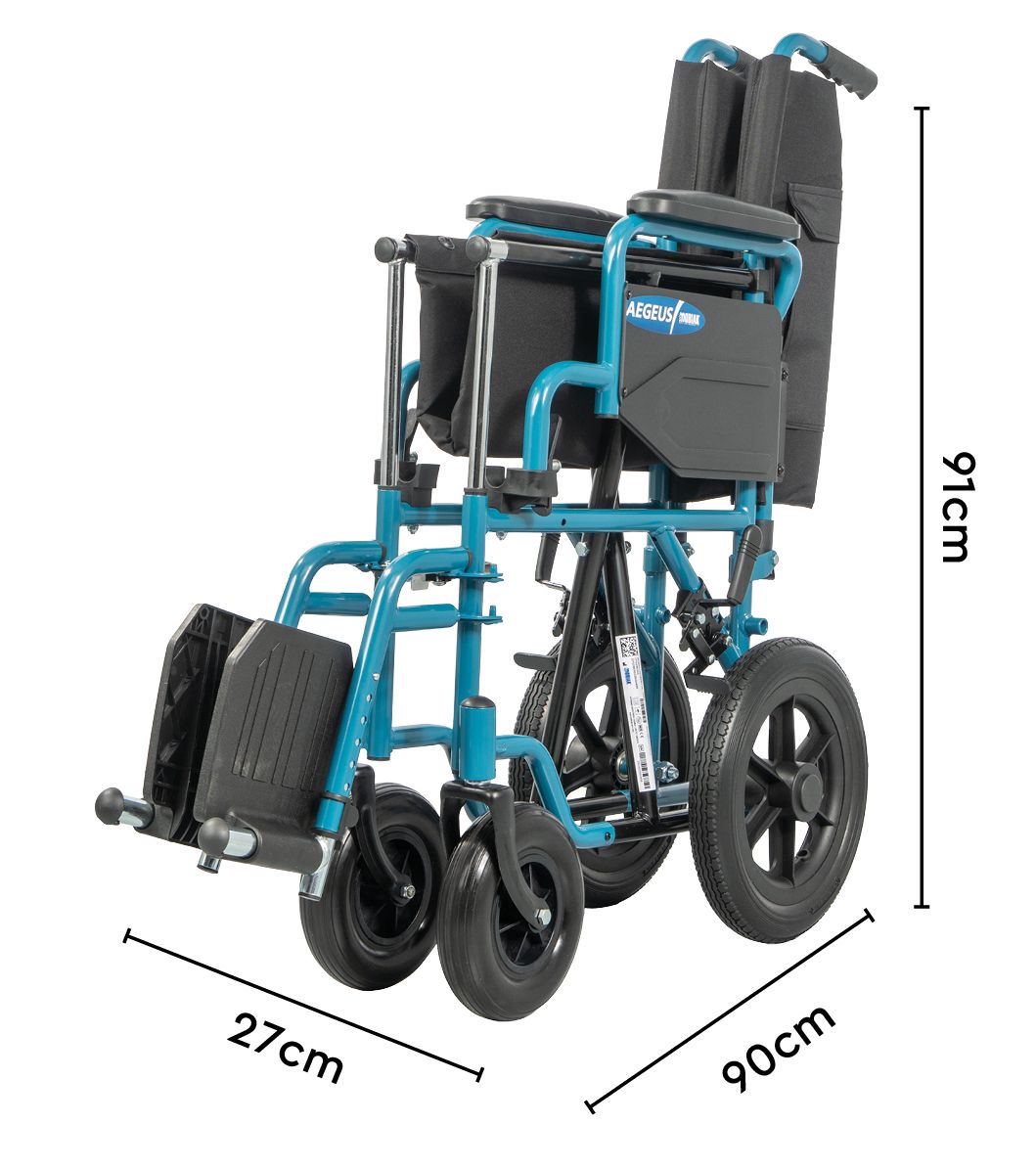 Sedia a rotelle blu con seduta e ruote nere. Dimensioni: 90x91x27cm. Marchio AEGEUS.