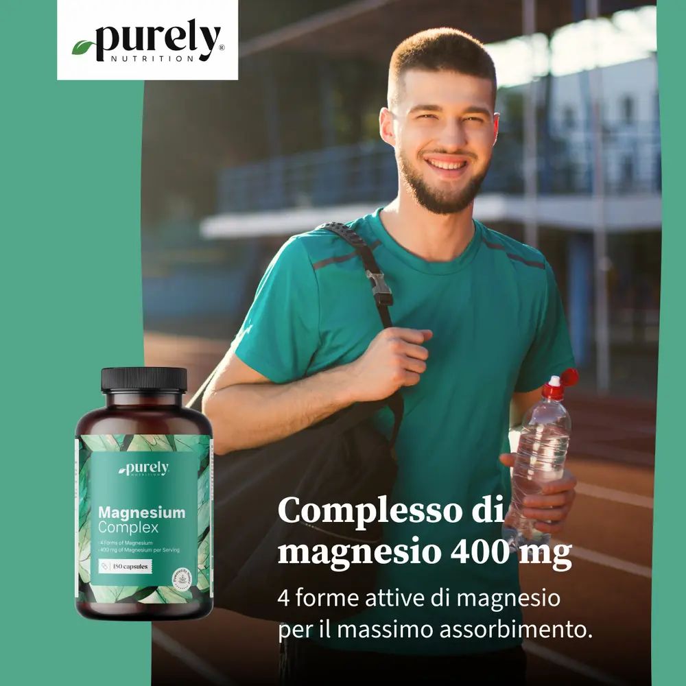 Uomo con bottiglia e borsa. Bottiglia: Magnesium Complex. Testo: Complesso di magnesio 400 mg.