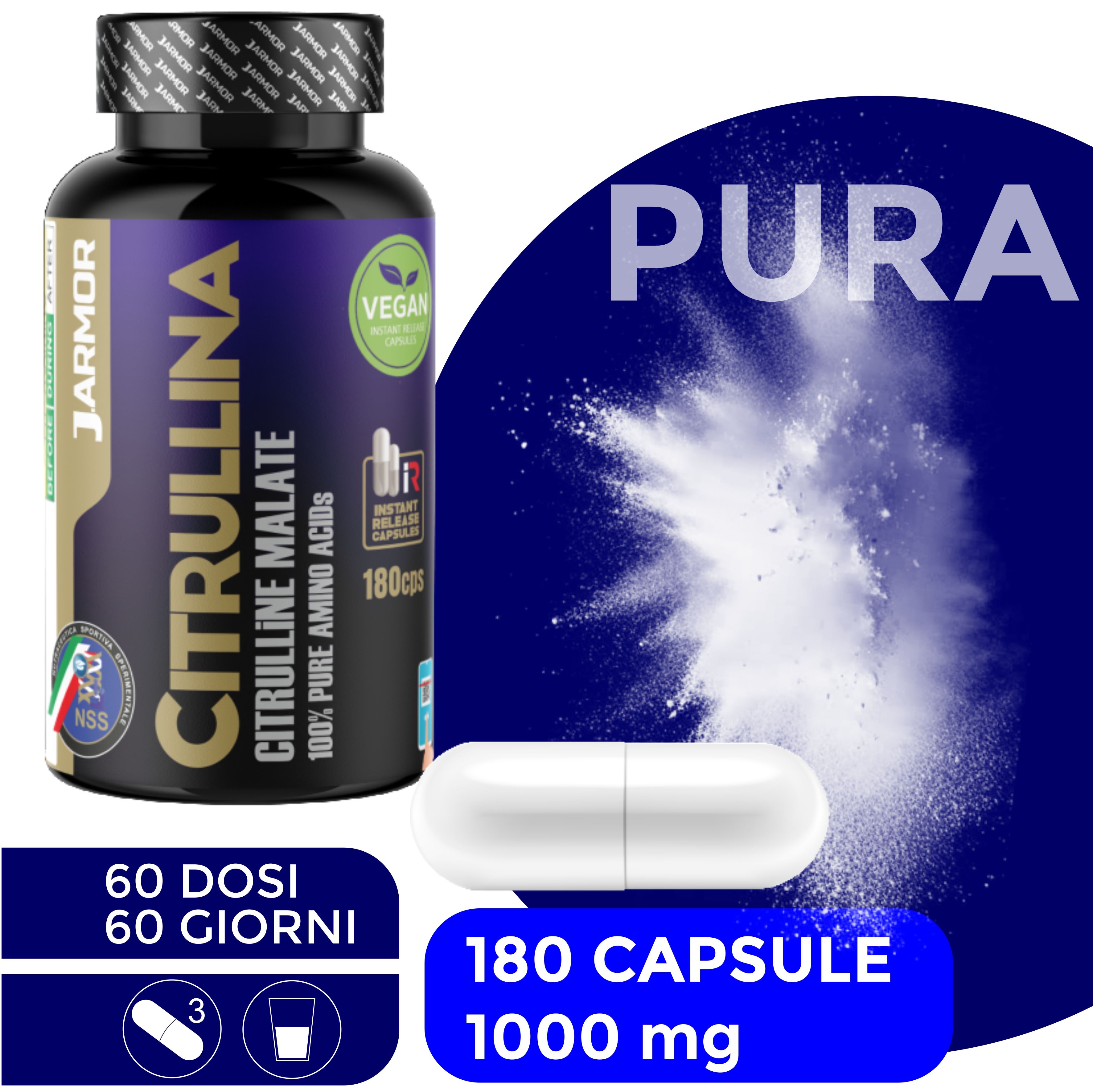 Flacone nero di Citrullina. Scritta: Citrullina Malate, 180 capsule, 1000 mg. Sigillo vegano. Una capsula accanto.