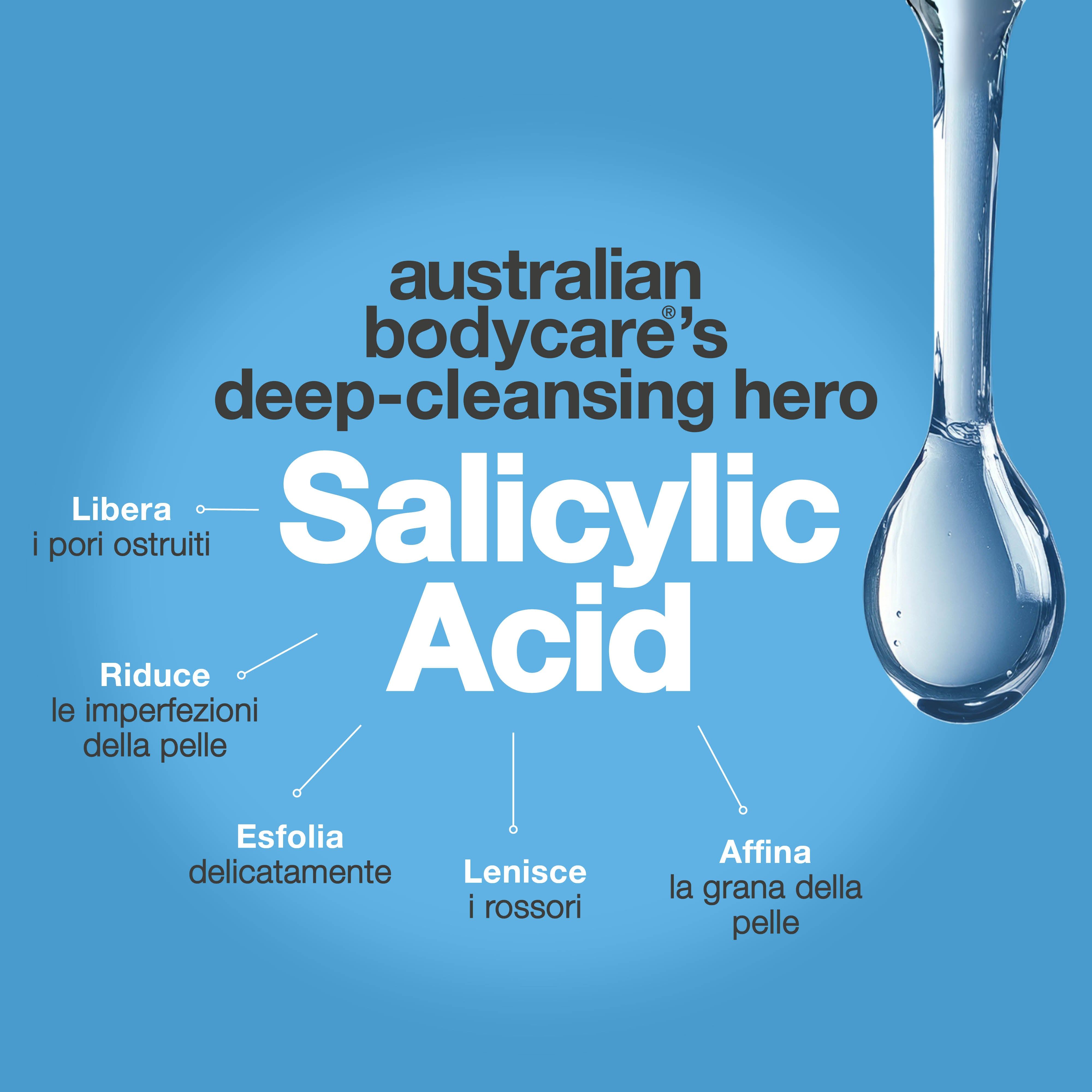 Goccia con testo: Acido Salicilico. Testo: Pulisce i pori, lenisce i rossori, affina la grana della pelle, riduce le imperfezioni.