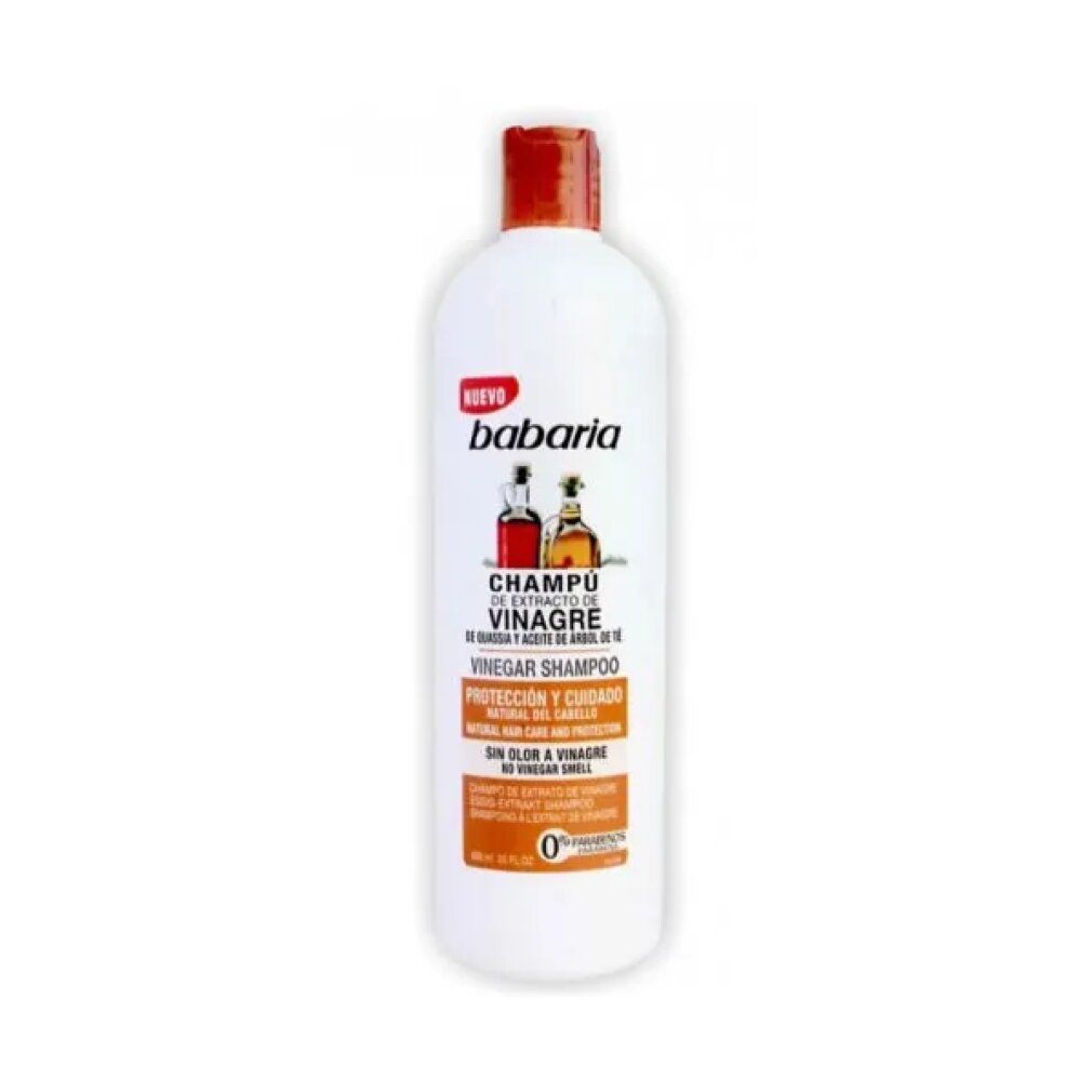 Flacone bianco con tappo rosso. Scritta: Babaria Champu Vinagre. Etichetta con illustrazione di bottiglie.