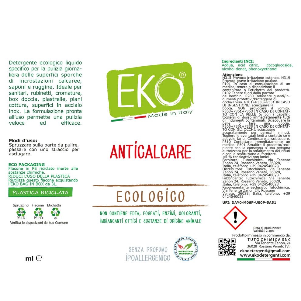 Etichetta flacone Eko Anticalcare Ecologico con informazioni sul prodotto ed eco-etichette.