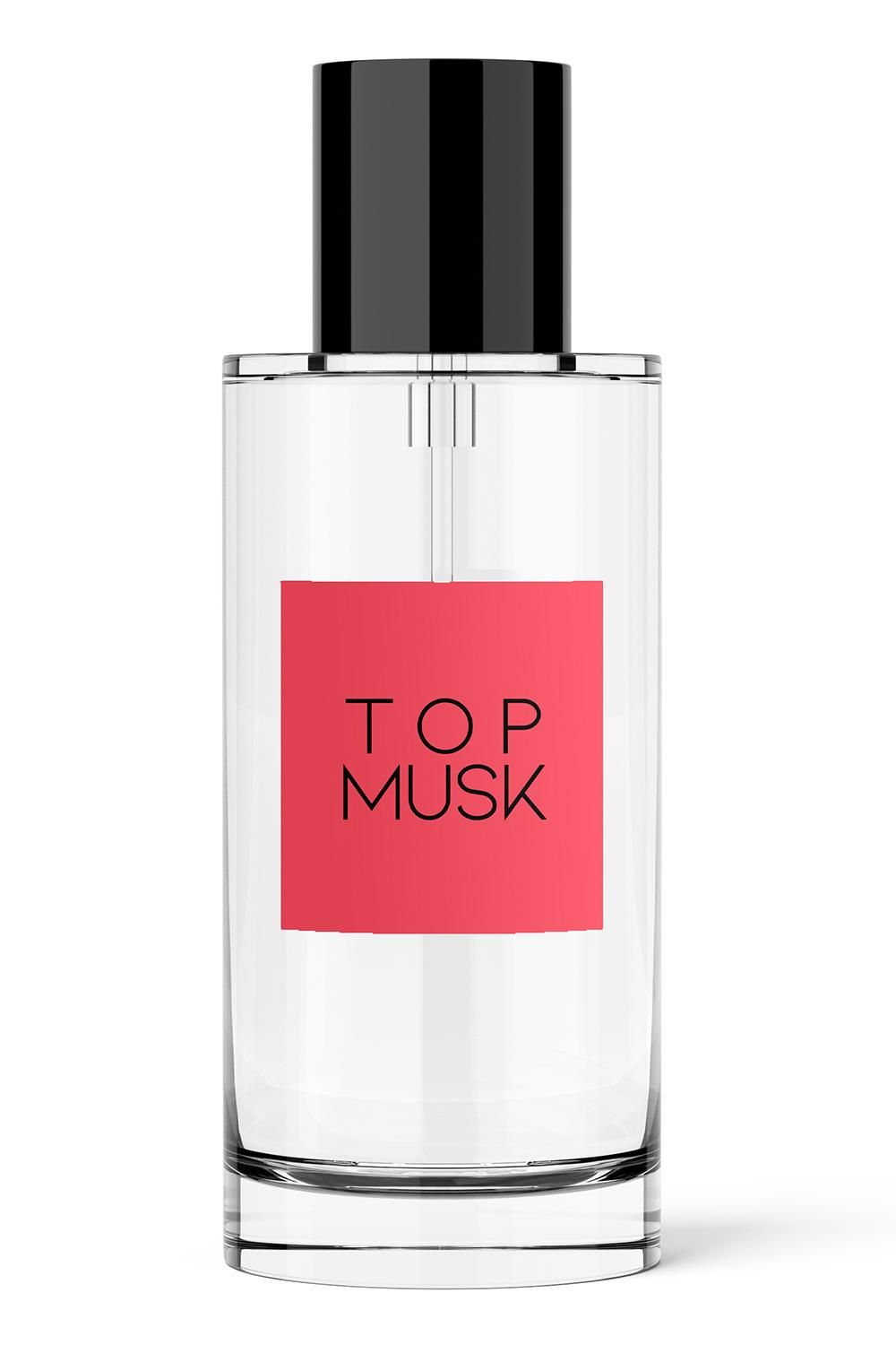 Flacone trasparente con tappo nero ed etichetta rossa con la scritta TOP MUSK.