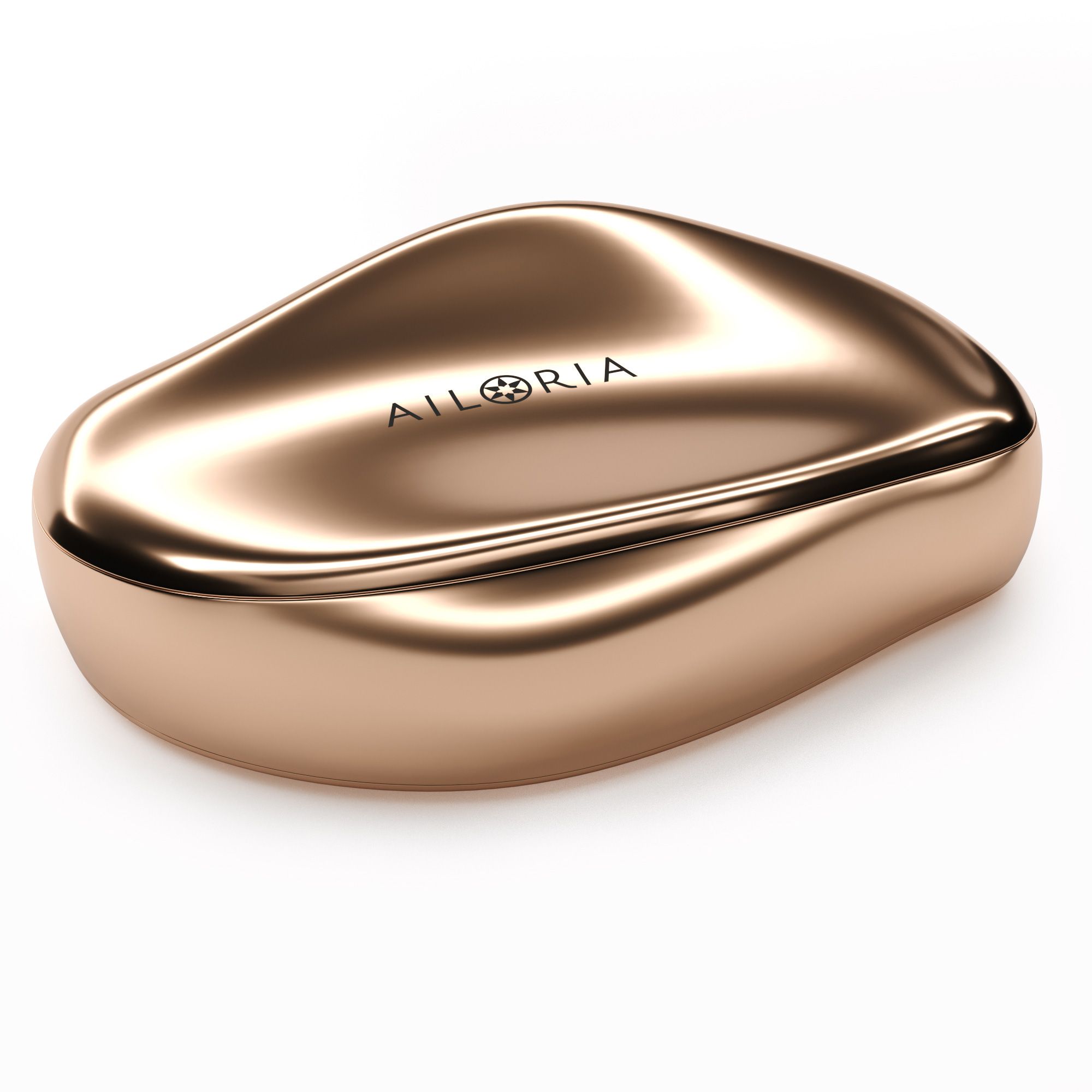 Custodia ovale dorata con logo AILORIA. Superficie lucida.