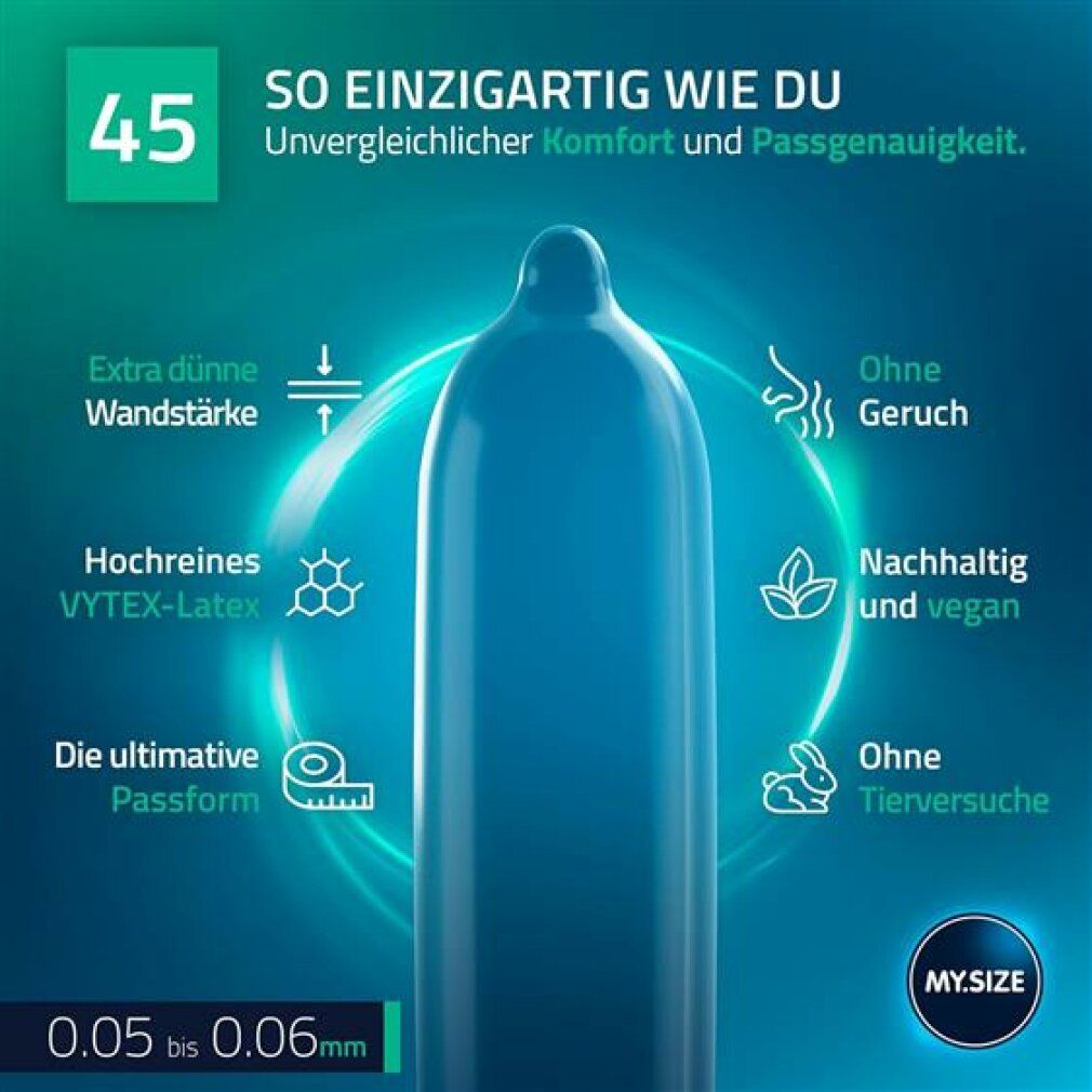 Preservativo blu. Caratteristiche: extra sottile, senza odore, vegano, senza test sugli animali. Testo: 45, VYTEX-Latex, vestibilità ottimale.