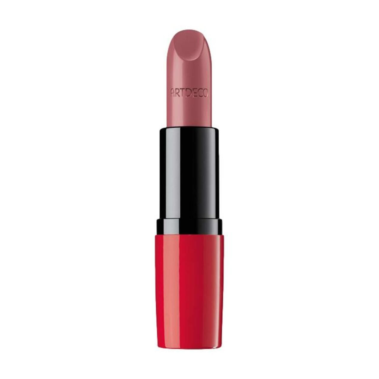 Rossetto rosa con astuccio rosso e parte centrale nera. Scritta "ARTDECO" sul rossetto.