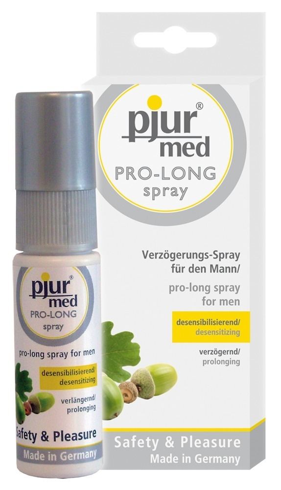 Flacone e confezione. Scritta: pjur med PRO-LONG spray, spray ritardante per uomo. Con vaporizzatore.