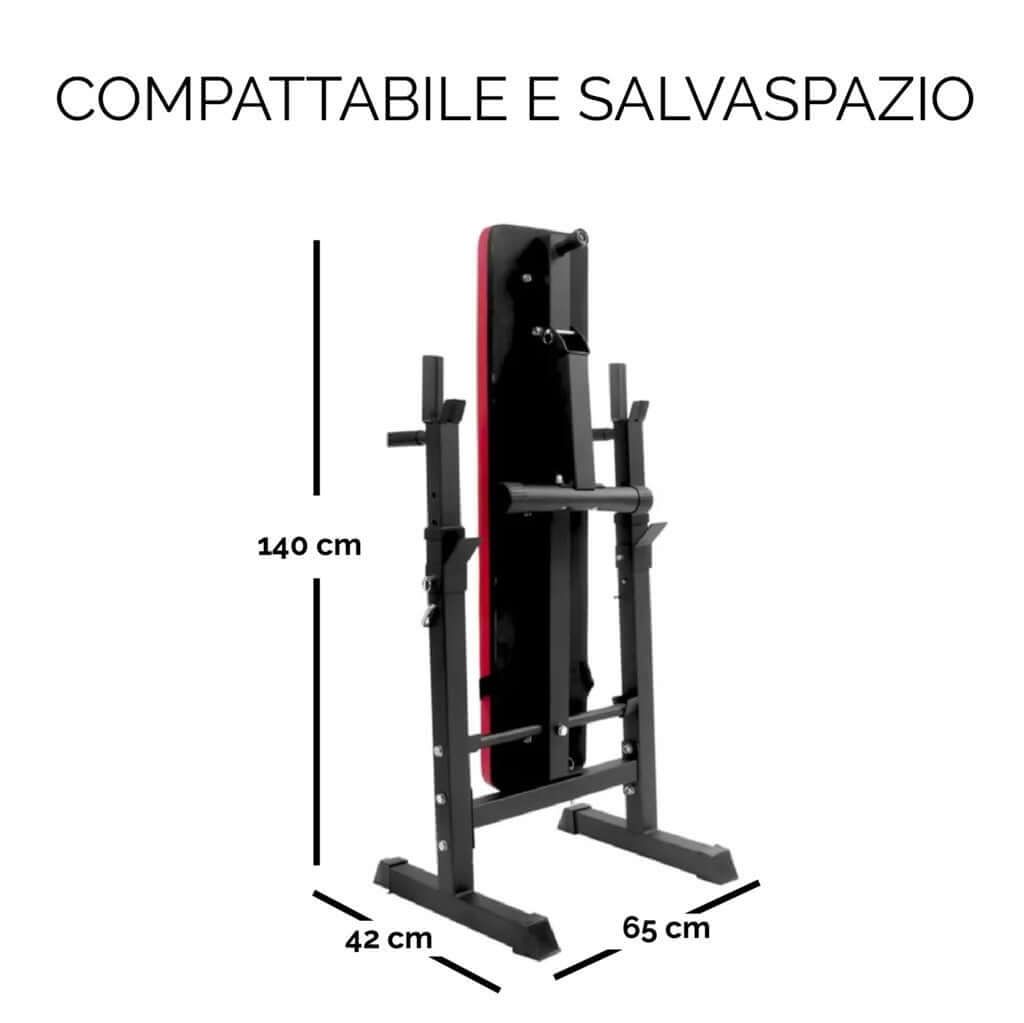 Panca fitness piegata, dimensioni: 140x65x42 cm. Telaio nero, imbottitura rossa. Salvaspazio.
