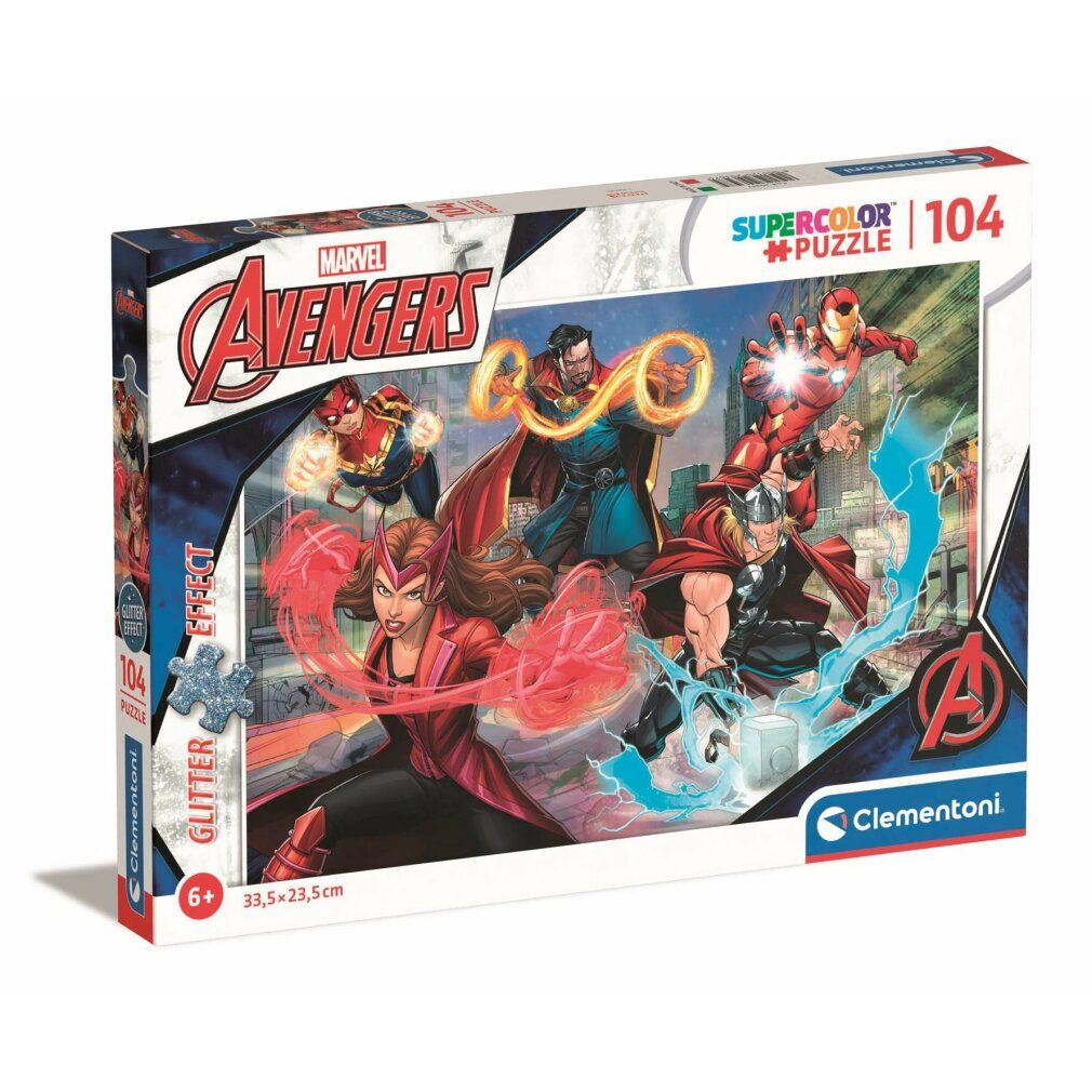 Scatola puzzle Marvel Avengers. Contiene 104 pezzi. Stampa: logo Avengers, Supercolor Puzzle, effetto glitter. Dai 6 anni. Dimensioni: 33,5 x 23,5 cm.