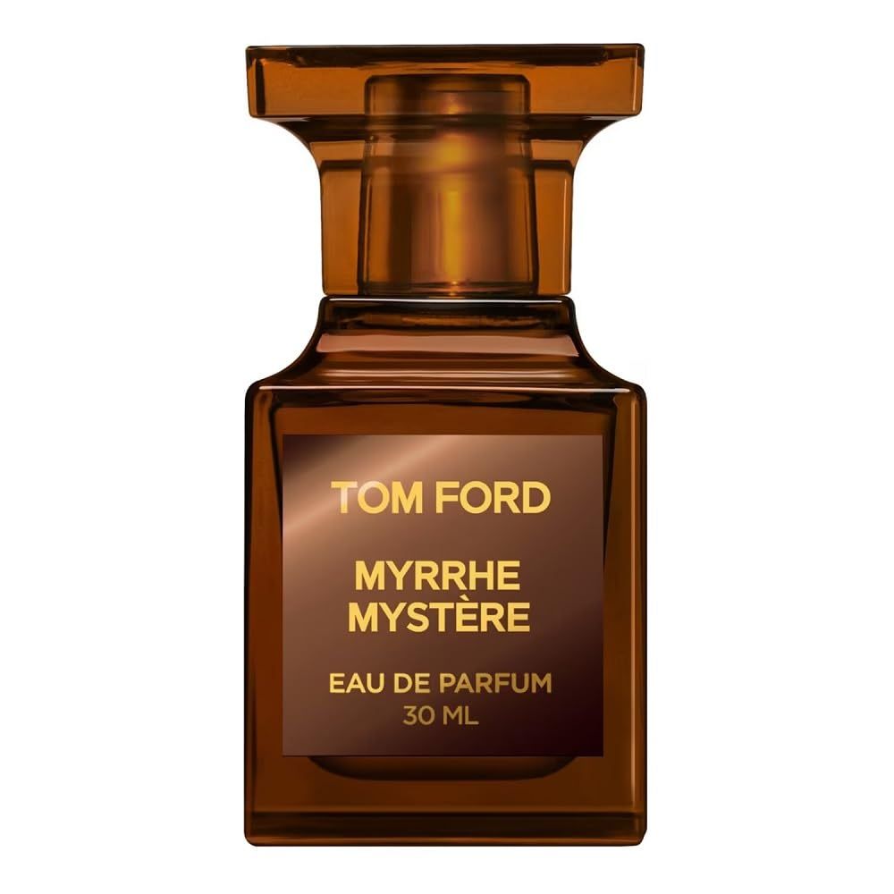 Flacone di vetro marrone con tappo dorato. Scritta: Tom Ford Myrrhe Mystère Eau de Parfum 30 ml.