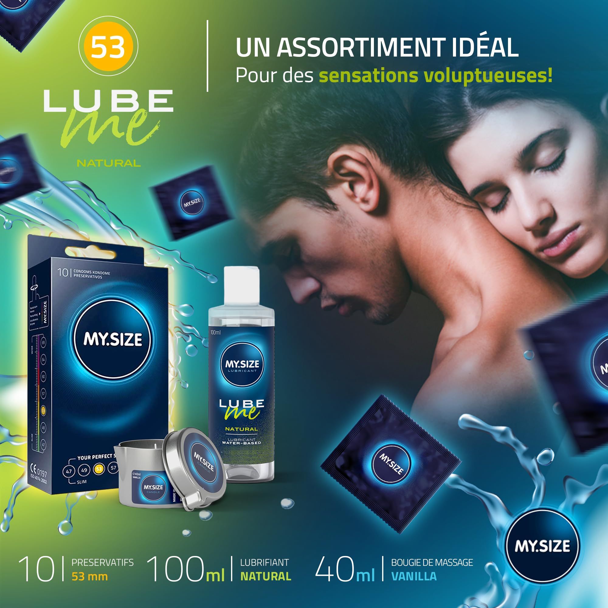 Confezione da 101 preservativi (53 mm), lubrificante (100 ml, Natural) e gel da massaggio (40 ml, Vanilla).