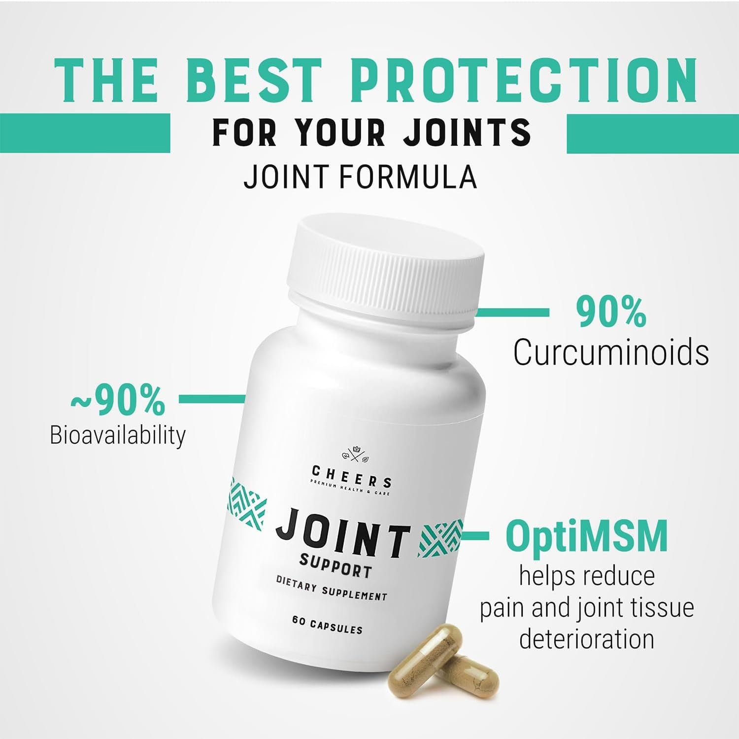 Flacone bianco con capsule. Scritta: JOINT FORMULA. Contiene OptiMSM. 60 capsule.
