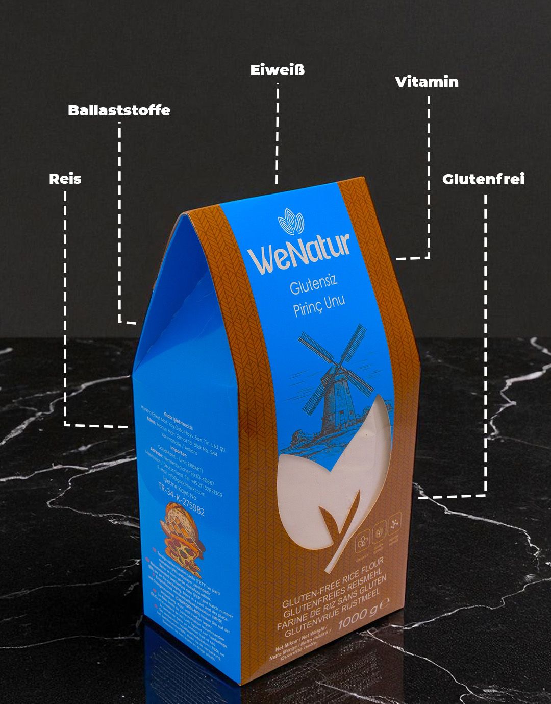 Farina di riso senza glutine WeNatur con evidenziazioni per fibre, vitamine e senza glutine.