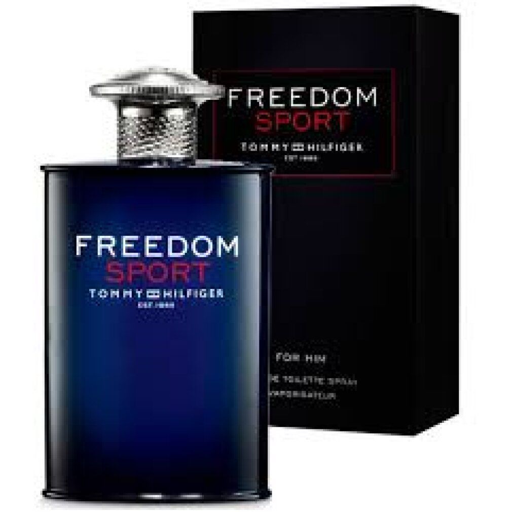 Flacone blu e scatola nera. Scritta FREEDOM SPORT, TOMMY HILFIGER. Eau de Toilette Spray. Per lui.
