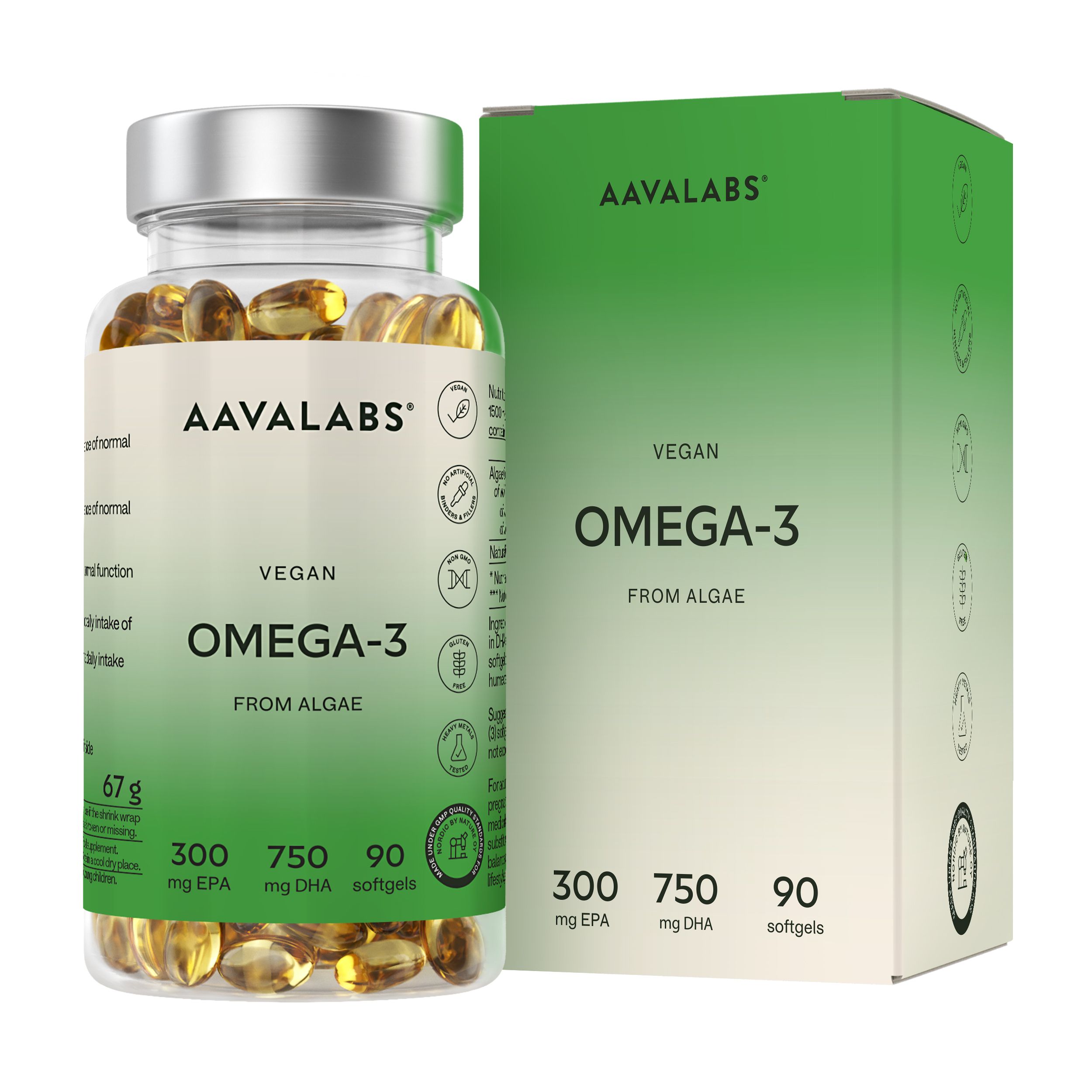 Aavalabs Omega 3 vegano di olio di alghe | Alto dosaggio di EPA DHA | 90 capsule