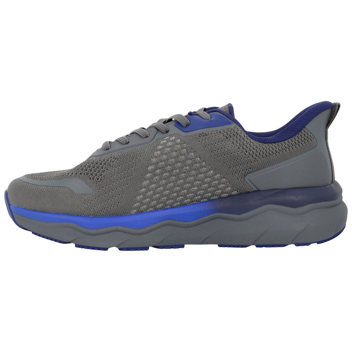 Scarpa sportiva grigia da uomo con accenti blu e tomaia in mesh. Marca: FACILE.
