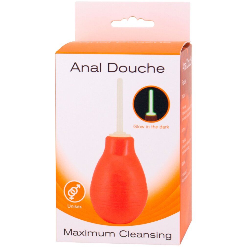 Confezione per doccia anale. Palloncino rosso con punta bianca. Testo: Anal Douche, Maximum Cleansing, Unisex.