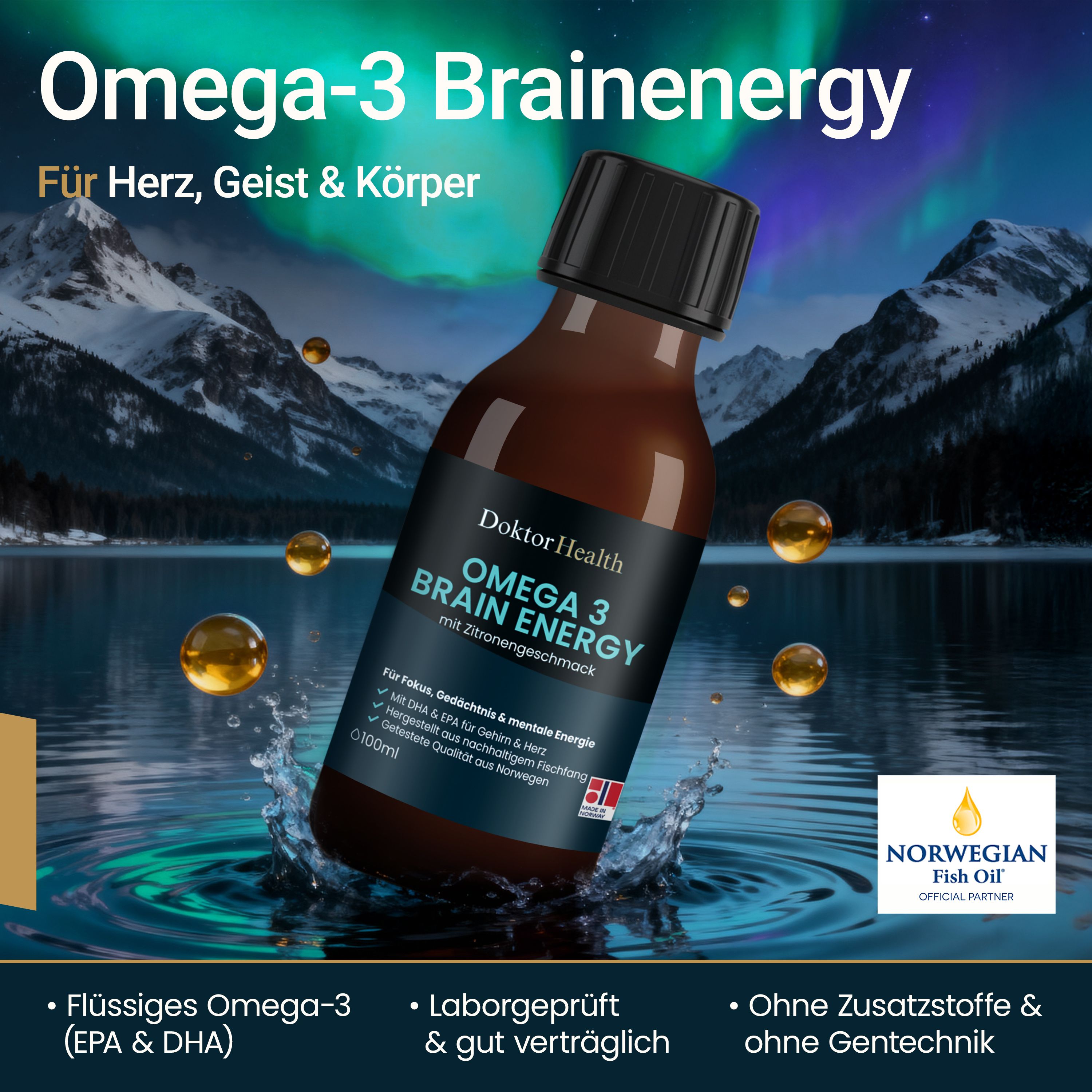 Bottiglia marrone Doktor Health Omega 3 Brainenergy. Il prodotto schizza nell'acqua. Testo: Omega-3 Brainenergy, Per cuore, mente e corpo.