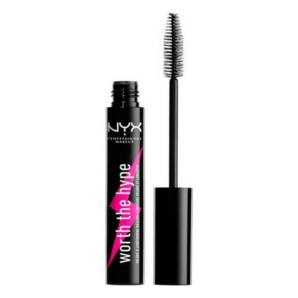 Tubo di mascara nero con fulmine rosa e scritta "worth the hype". Spazzola accanto.