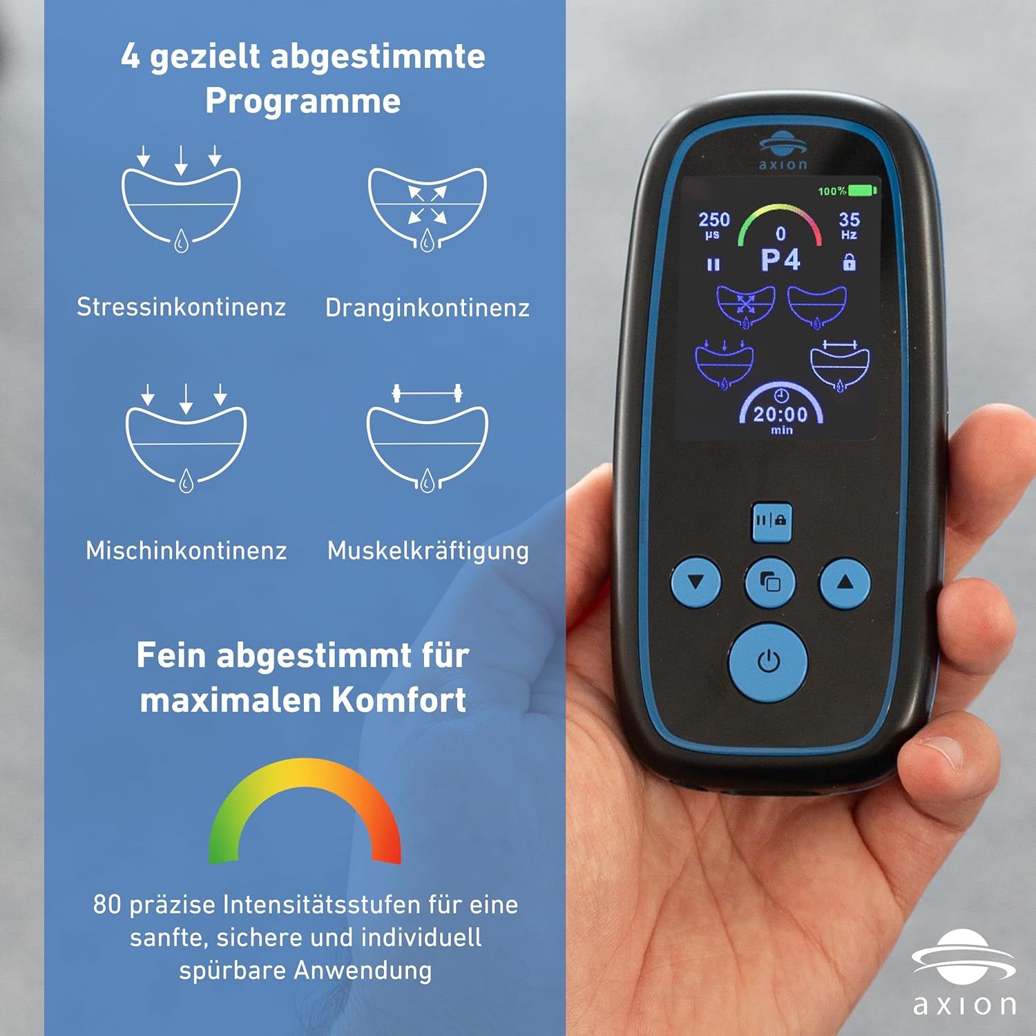 Dispositivo axion® I-3000 in mano. Quattro simboli per i programmi. Sfumatura di colore.