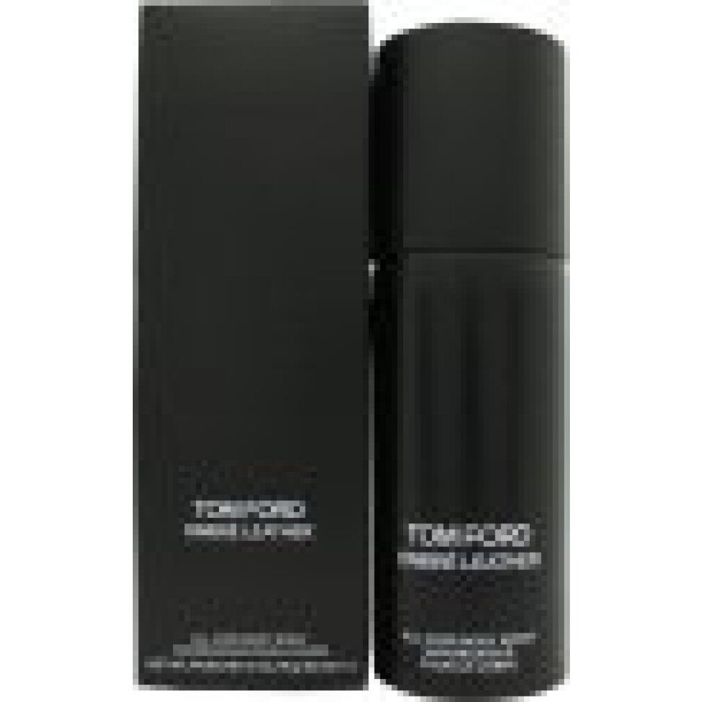 Flacone spray nero e confezione con testo: TOM FORD OMBRÉ LEATHER. Scritta: ALL OVER BODY SPRAY. VAPORISATEUR POUR LE CORPS.