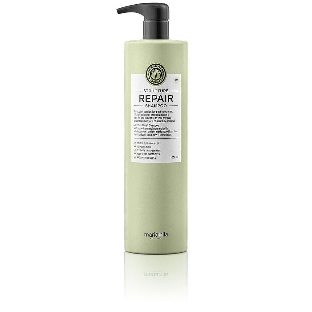 Flacone verde chiaro con dispenser nero. Contiene Maria Nila Structure Repair Shampoo.