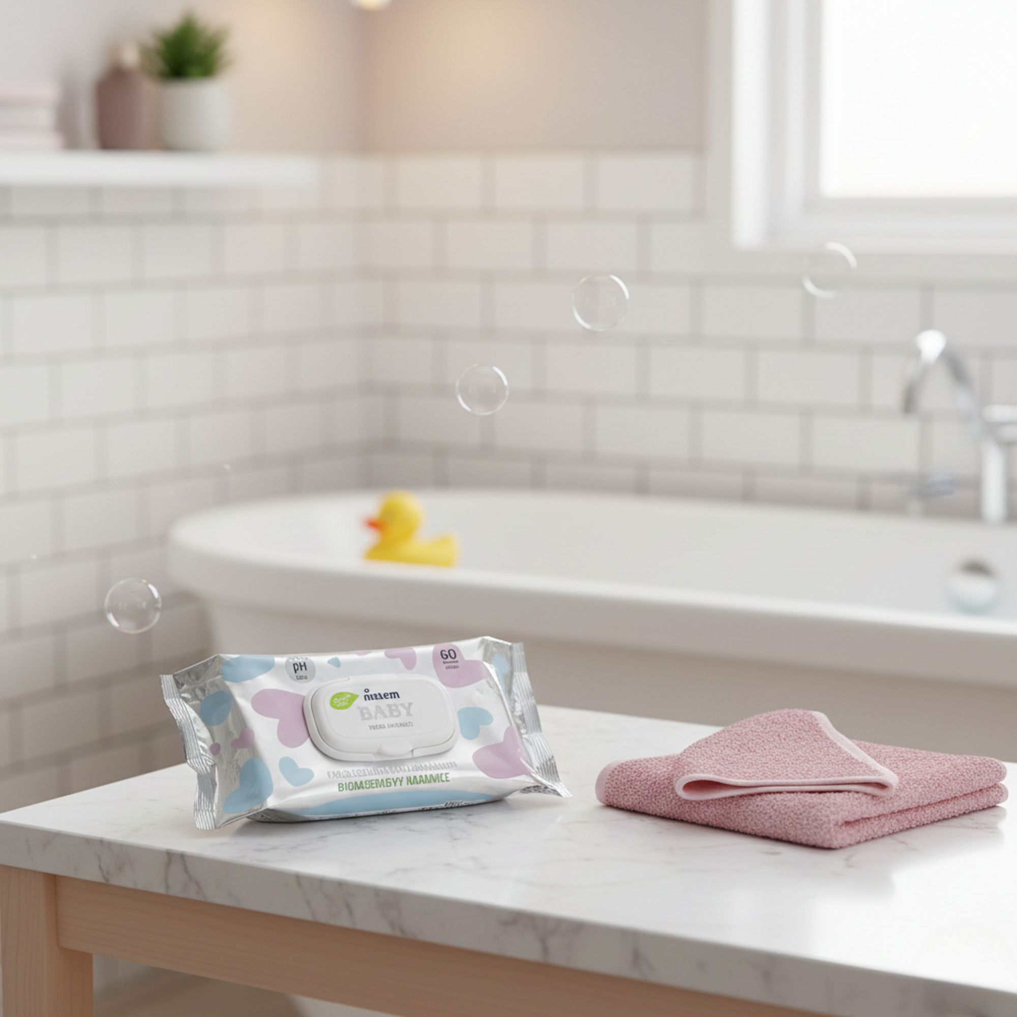 Confezione di salviette su tavolo in bagno. Asciugamano accanto. Scritta: Melem Baby.